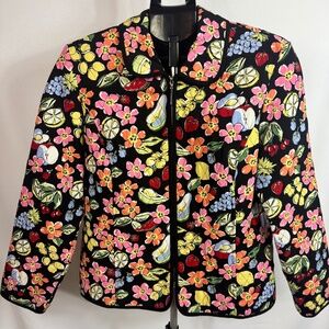 Requirements Quilted Jacket Floral Fruit Print Black Women’s Medium Zip Up